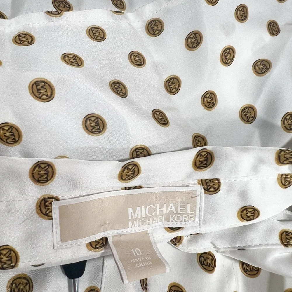MICHAEL MICHAEL KORS Logo Polka Dot Satin White Button Down Sz 10